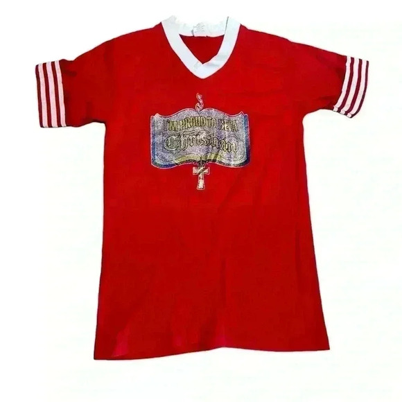 VTG Proud To Be A Christian Glitter Vinyl USA Ringer T Shirt Sz S - Picture 2 of 8